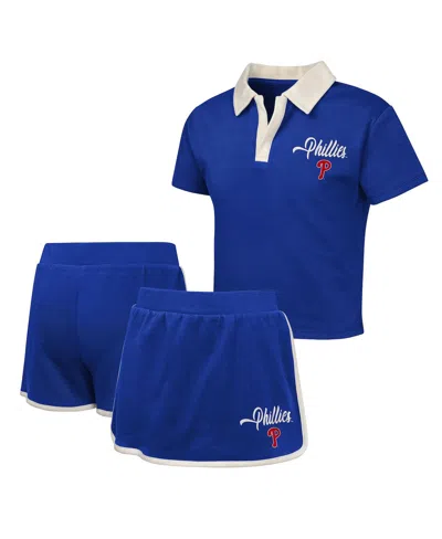 Outerstuff Kids' Big Girls 2-piece Royal Philadelphia Phillies Base Trainer Johnny Polo Shirt And Shorts In Blue