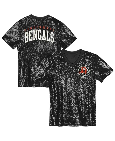 Outerstuff Kids' Big Girls Black Cincinnati Bengals Wordmark Sequin V-neck Top