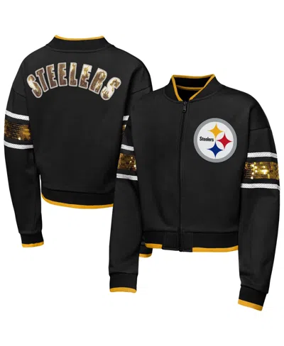Outerstuff Kids' Big Girls Black Pittsburgh Steelers Mvp Full-zip Sequin Bomber Jacket