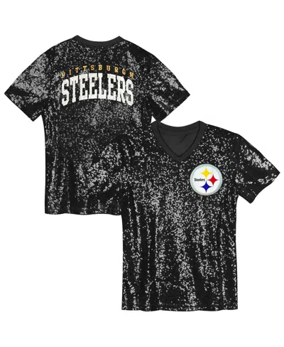 Outerstuff Kids' Big Girls Black Pittsburgh Steelers Wordmark Sequin V-neck Top