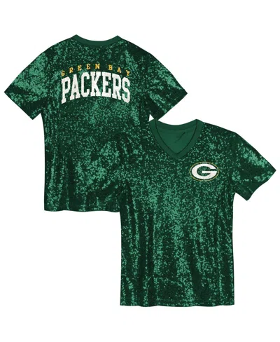 Outerstuff Kids' Big Girls Green Green Bay Packers Wordmark Sequin V-neck Top