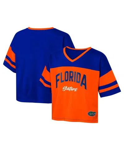 Outerstuff Kids' Big Girls Royal Florida Gators The Playmaker Sleeve Stripe V-neck Jersey T-shirt In Orange