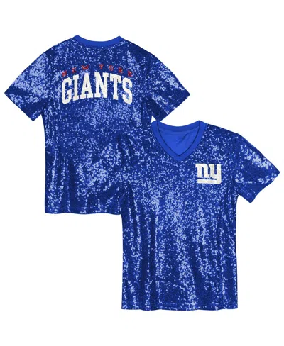 Outerstuff Kids' Big Girls Royal New York Giants Wordmark Sequin V-neck Top