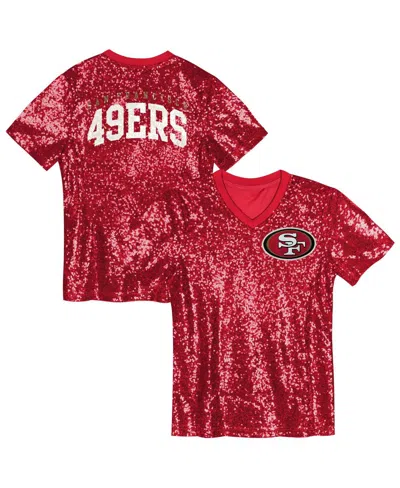 Outerstuff Kids' Big Girls Scarlet San Francisco 49ers Wordmark Sequin V-neck T-shirt