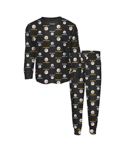 Outerstuff Kids' Boys' And Girls' 2t-5t Pittsburgh Steelers Long-sleeve All-over-print T-shirt And Pants, 2-piece Set In Black