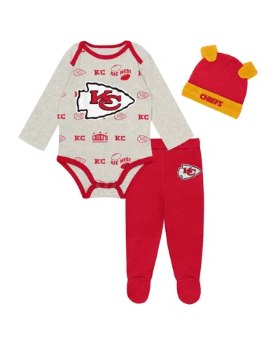 Outerstuff Babies' Boys' And Girls' Kansas City Chiefs Huddles Giggles Long-sleeve Footed Bodysuit, Pants And Hat, 3-pi In Red