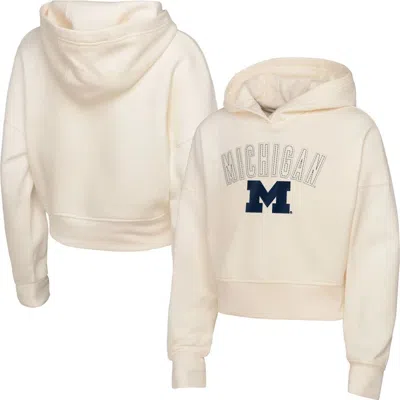 OUTERSTUFF GIRL'S YOUTH OUTERSTUFF CREAM MICHIGAN WOLVERINES OVERSIZED BLITZ CROPPED PULLOVER HOODIE