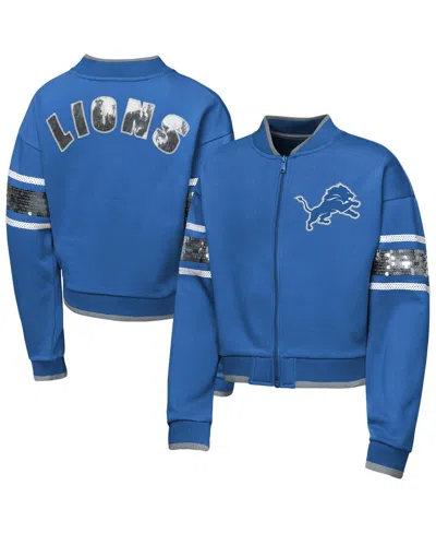 Outerstuff Kids' Girls' 4-16 Detroit Lions Mvp Sequin Full-zip Fleece-lined Bomber Jacket In Blue