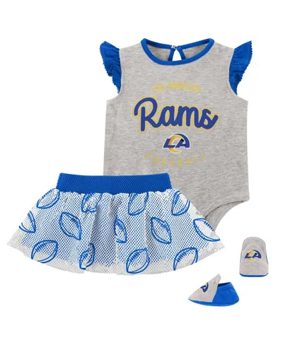 Outerstuff Kids' Girls Baby Boys And Girls 3-piece Heather Gray/royal Los Angeles Rams All Dolled Up Bodysuit, Skirt  In Multi