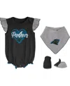 Outerstuff Girls Newborn & Infant Black/heathered Gray Carolina Panthers All The Love Bodysuit Bib & Booties Se In Black,heathered Gray