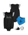 Outerstuff Girls Newborn And Infant Black Miami Marlins 3-piece Home Plate Bodysuit Bib And Booties Set In Black