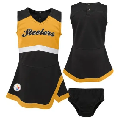 Outerstuff Babies'  Girls Preschool Black Pittsburgh Steelers Two-piece Cheer Captain Jumper Dress With Bloom In Multi
