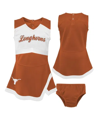 Outerstuff Kids' Girls Preschool Burnt Orange, White Texas Longhorns Two-piece Cheer Captain Jumper Dress And Bloomer