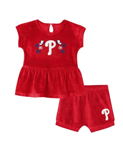 Outerstuff Babies' Girls Toddler 2-piece Red Philadelphia Phillies Hop Base Fashion T-shirt And Shorts Set