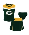 OUTERSTUFF GIRLS TODDLER GREEN GREEN BAY PACKERS SPIRIT CHEER THREE-PIECE CHEERLEADER SET