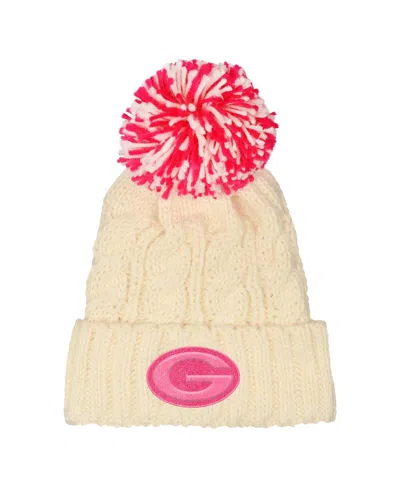 Outerstuff Kids' Girls White Green Bay Packers Cable Cuffed Knit With Pom Hat In Neutral