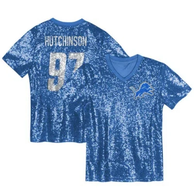 Outerstuff Kids'  Girls Youth Aidan Hutchinson Blue Detroit Lions Sequin V-neck Fashion Jersey