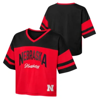 Outerstuff Kids'  Girls Youth Scarlet Nebraska Huskers The Playmaker Sleeve Stripe V-neck Jersey T-shirt In Red