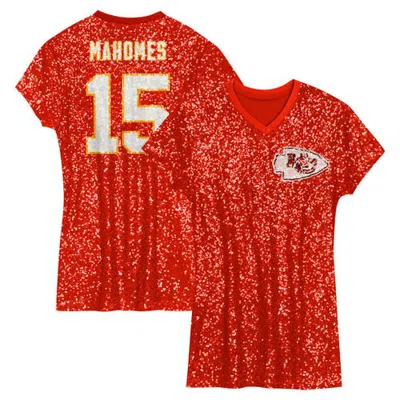 Outerstuff Kids'  Girls Youth Patrick Mahomes Red Kansas City Chiefs Sequin Player Name & Number V-neck Dre