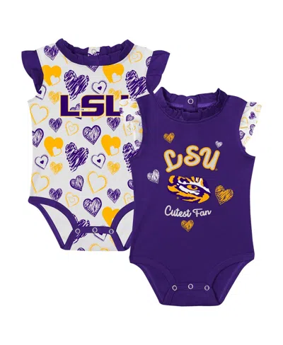 Outerstuff Babies' Girlsâ Newborn 2-pack Purple Lsu Tigers Happy Hearts Bodysuit Set In Multi