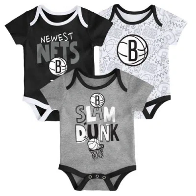 Outerstuff Kids'  Infant Black/white/gray Brooklyn Nets Slam Dunk 3-piece Bodysuit Set