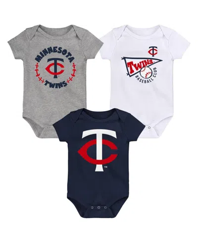 Outerstuff Babies' Infant Boys And Girls Navy And White And Heather Gray Minnesota Twins Biggest Little Fan 3-pack Body In Navy,white,heather Gray