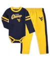 Outerstuff Infant Boys And Girls Navy, Gold West Virginia Mountaineers Little Kicker Long Sleeve Bodysuit And S In Navy,gold