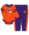 Outerstuff Infant Orange/purple Clemson Tigers Little Kicker Long Sleeve Bodysuit And Sweatpants Set In Orange,purple