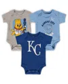 Outerstuff Infant Royal/light Blue/heathered Gray Kansas City Royals 3-pack Change Up Bodysuit Set In Royal,light Blue,heathered Gray