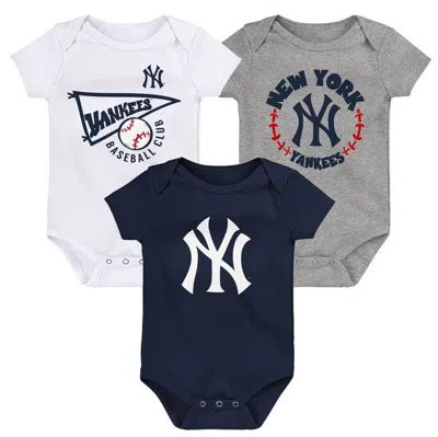 Outerstuff Babies' Infant Boys And Girls Navy, White, Heather Gray New York Yankees Biggest Little Fan 3-pack Bodysuit In Navy,white,heather Gray