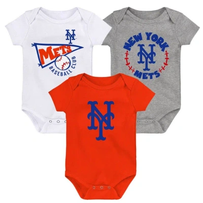 Outerstuff Babies' Infant Orange/white/heather Gray New York Mets Biggest Little Fan 3-pack Bodysuit Set