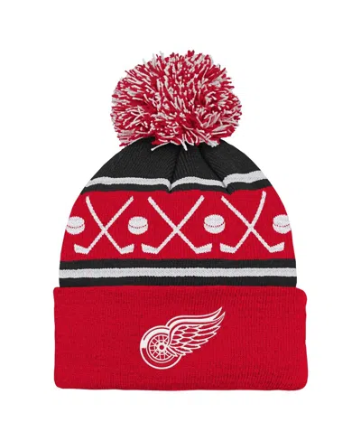 Outerstuff Babies' Infant Red Detroit Red Wings Face-off Cuffed Knit Hat With Pom In Brown