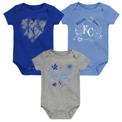 Outerstuff Kids'  Infant Royal/light Blue/heathered Gray Kansas City Royals Batter Up 3-pack Bodysuit Set In Multi