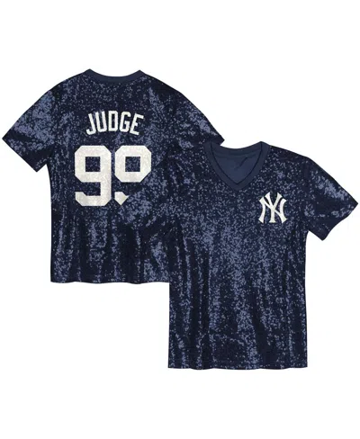 Outerstuff Kids' Juniors Aaron Judge Navy New York Yankees Name Number Sequin V-neck Top In Blue