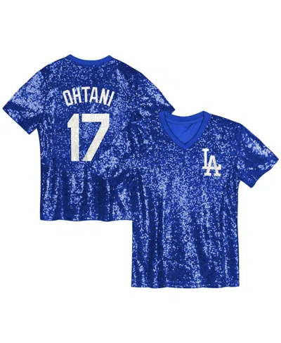 Outerstuff Kids' Juniors Shohei Ohtani Royal Los Angeles Dodgers Name Number Sequin V-neck Top