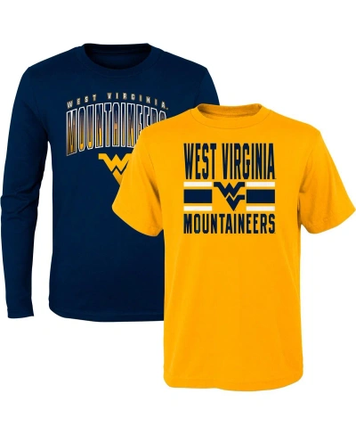 Outerstuff Kids' Little Boys And Girls Navy, Gold West Virginia Mountaineers Fan Wave Short And Long Sleeve T-shirt C In Navy,gold
