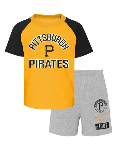 Outerstuff Kids' Little Boys And Girls Pittsburgh Pirates Gold, Heather Gray Groundout Baller Raglan T-shirt And Shor In Gold,heather Gray