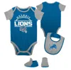 OUTERSTUFF NEWBORN & INFANT BLUE/HEATHER GRAY DETROIT LIONS HOME FIELD ADVANTAGE THREE-PIECE BODYSUIT, BIB & BO