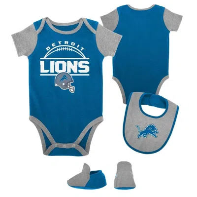 Outerstuff Babies' Newborn & Infant Blue/heather Gray Detroit Lions Home Field Advantage Three-piece Bodysuit, Bib & Bo