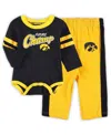 Outerstuff Infant Black/gold Iowa Hawkeyes Little Kicker Long Sleeve Bodysuit And Sweatpants Set In Black,gold
