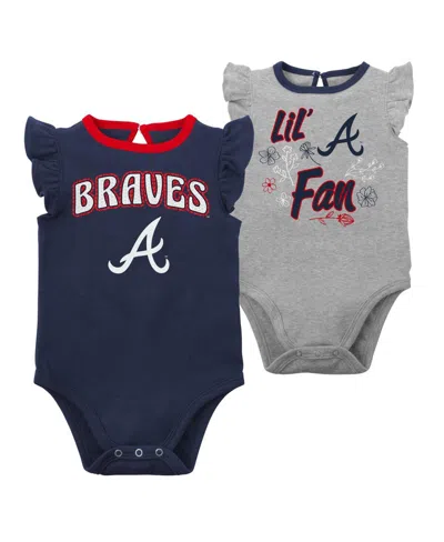 OUTERSTUFF NEWBORN AND INFANT BOYS AND GIRLS NAVY, HEATHER GRAY ATLANTA BRAVES LITTLE FAN TWO-PACK BODYSUIT SET
