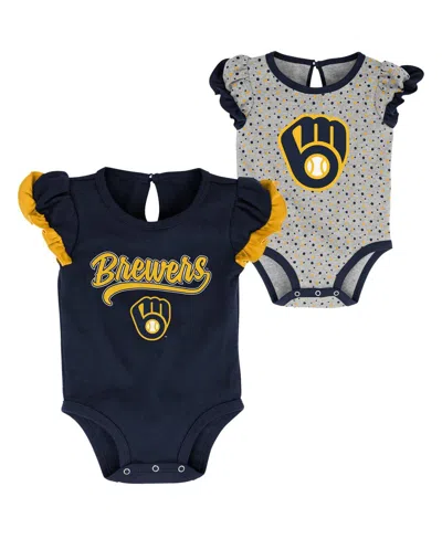 Outerstuff Babies' Girls Newborn And Infant Navy, Heathered Gray Milwaukee Brewers Scream And Shout Two-pack Bodysuit S In Navy,heathered Gray