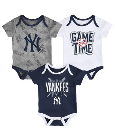 Outerstuff Babies' Newborn And Infant Boys And Girls New York Yankees Navy, White, Heathered Gray Game Time Three-piece In Navy,white,heathered Gray