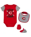 Outerstuff Newborn & Infant Red/heather Gray Cincinnati Reds Little Champ Three-pack Bodysuit Bib & Booties Set In Red,heather Gray