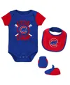 Outerstuff Newborn & Infant Royal Chicago Cubs Little Champ Three-pack Bodysuit Bib & Booties Set In Royal