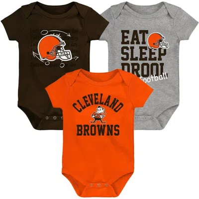 Outerstuff Kids'  Newborn & Infant Brown/orange/heather Gray Cleveland Browns Three-pack Eat, Sleep & Drool In Multi