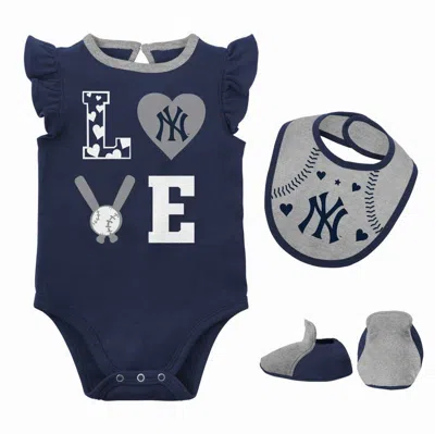 Outerstuff Babies' Newborn & Infant Navy/heather Gray New York Yankees Three-piece Love Of Baseball Bib Bodysuit & Boot In Navy,heather Gray