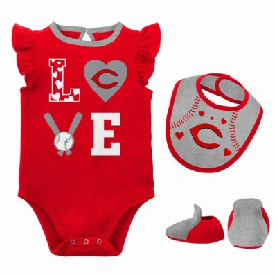 Outerstuff Babies' Newborn & Infant Red/heather Grey Cincinnati Reds Three-piece Love Of Baseball Bib Bodysuit & Bootie In Red,heather Grey