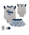 OUTERSTUFF NEWBORN HEATHER GRAY, NAVY TENNESSEE TITANS ALL DOLLED UP THREE-PIECE BODYSUIT, SKIRT AND BOOTIES SE