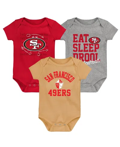Outerstuff Newborn Infant Gold/scarlet/heather Gray San Francisco 49ers Three-pack Eat, Sleep Drool Retro Bodys In Gold Scarl